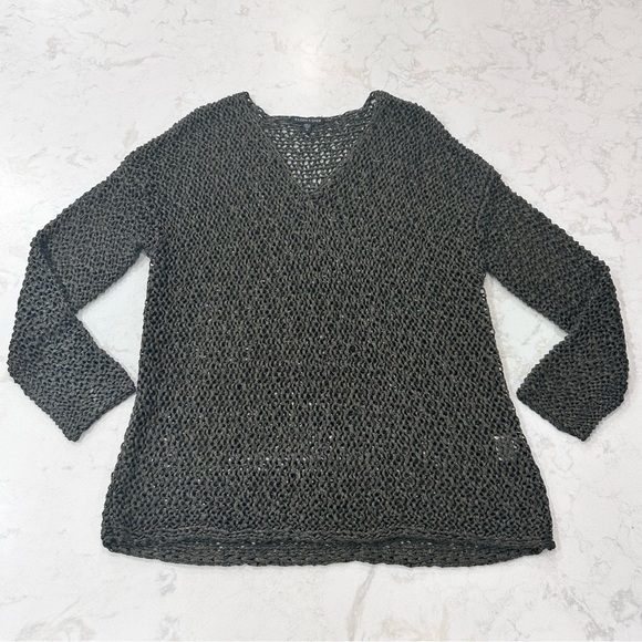 Eileen Fisher Viscose Long Sleeve Fishnet Knitted Grey Gold Shimmer Medium Top - Picture 1 of 9
